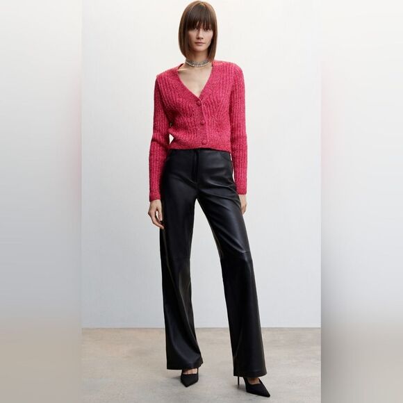 Mango Pink Fuchsia Metallic Cable Knit Long Sleeve Festive Chic Cropped Sweater - Picture 10 of 15